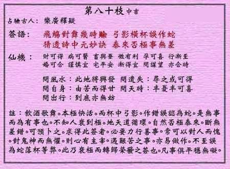 Wong tai sin LingQian eightieth sign: auspicious sign yue misgivings