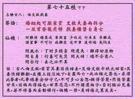 Wong tai sin LingQian seventy-five sign: short straw LunWenXu play a wife